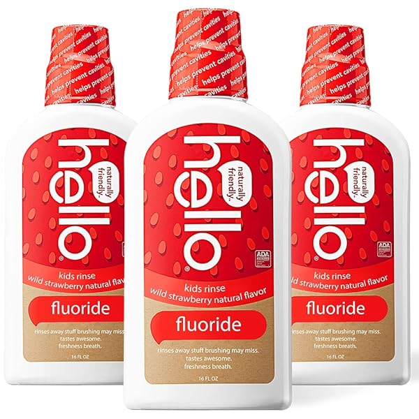 HELLO KIDS WILD STRAWBERRY NATURAL FLAVOR ANTICAVITY FLUORIDE RINSE – VEGAN, ALCOHOL FREE, AND SLS FREE MOUTHWASH FOR CHILDREN AGE 2 AND UP – 16 OUNCE (PACK OF 3)