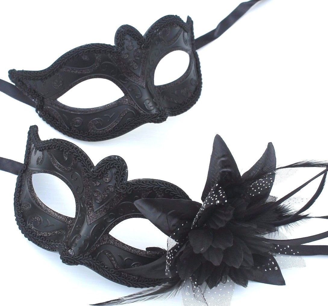 HIS N HERS PAIR OF CO-ORDINATED BLACK VENETIAN MASQUERADE CARNIVAL PARTY EYE MASKS