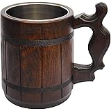Handmade Wood Mug 20 oz Stainless Steel Cup Carved Natural Beer Stein Old-Fashioned Brown - Wood Carving Beer Mug of Wood Gre