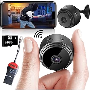 Mini Spy Camera Wireless Hidden Home WiFi Security Cameras with App 1080P, Bundle 32GB SD Card + USB Reader + Adaptor. Night Vision Indoor Outdoor iPhone/Android Phone Small Nanny Cam for Cars etc