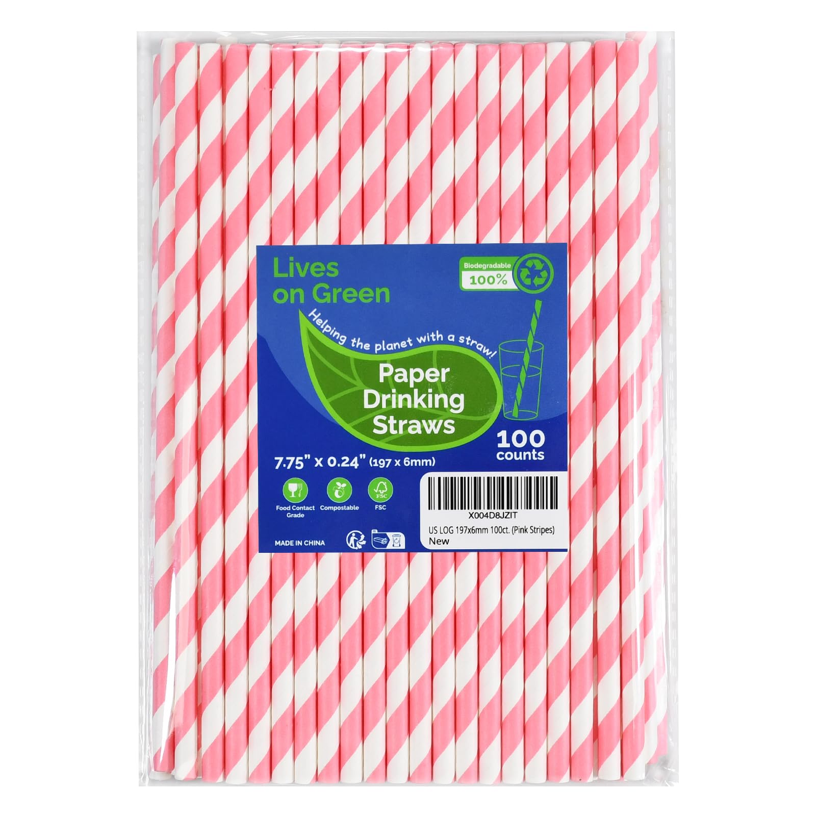 Photo 1 of Lives on Green Pink White Striped Paper Drinking Straws 7.75 inch 100 Counts - for Cocktail, Party, Wedding, Baby Shower, Decoration, Crafts