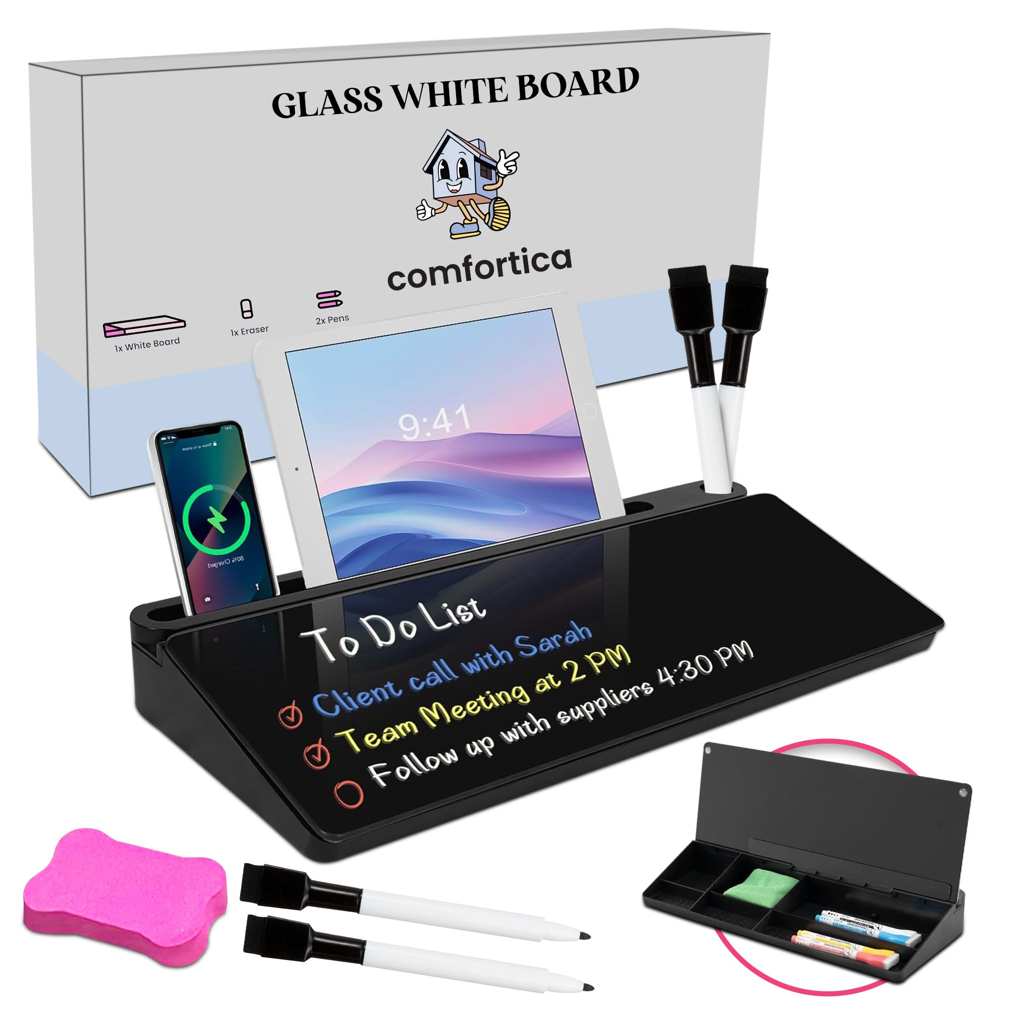 Comfortica Desktop Whiteboard - Glass Desktop Whiteboard with Storage - Small Dry Erase Board, Computer Keyboard Stand Organizer for Quick Notes & Reminder, Ideal for Home, Office Accessories