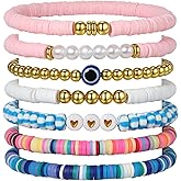 BULOUCII Trendy Friendship Bracelets Set - Heishi Stackable Polymer Clay Beaded Stretch Bracelets for Women: Boho, Preppy, Beach, Western,Christmas - Ideal Gifts