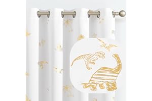 Vangao White Curtains Dinosaur Curtains for Boys Kids Nursery Girls Room Golden Dino Foil Print Light Filtering Grommet Top Window Drapes 95 Inches Long 2 Panels