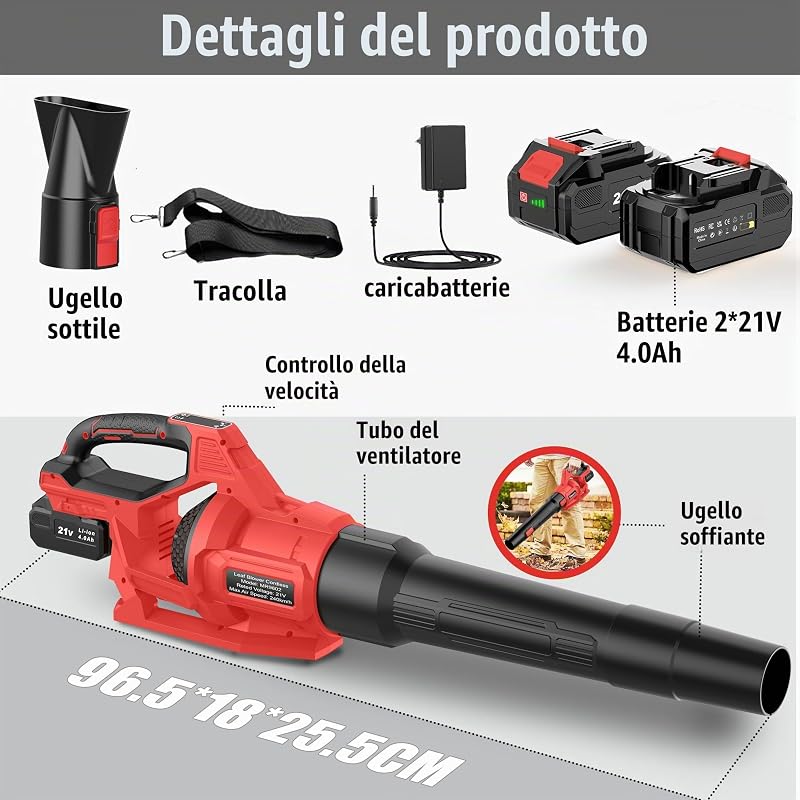 Soffiatore a Batteria 21V, Soffiatore Foglie Elettrico con 2 Batteria