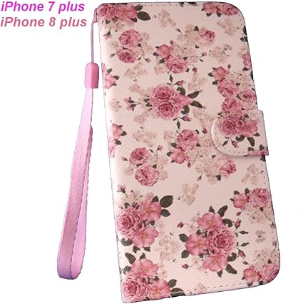 Amazon Co Jp Iphone 7 Plus ケース Iphone 8 Plus ケース 手帳型 可愛いバラの花柄 手触りの良い上質 Pu レザー 製 スリム 薄型 2 層 の カードホルダー ピンク の幅広 ストラップ付き スタンド 機能