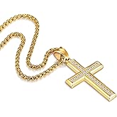 GOVENUS Stainless Steel Three-row A5 CZ Cross Pendant Necklace For Women&Men,On 24 In Rope Chain,Gold/Silver