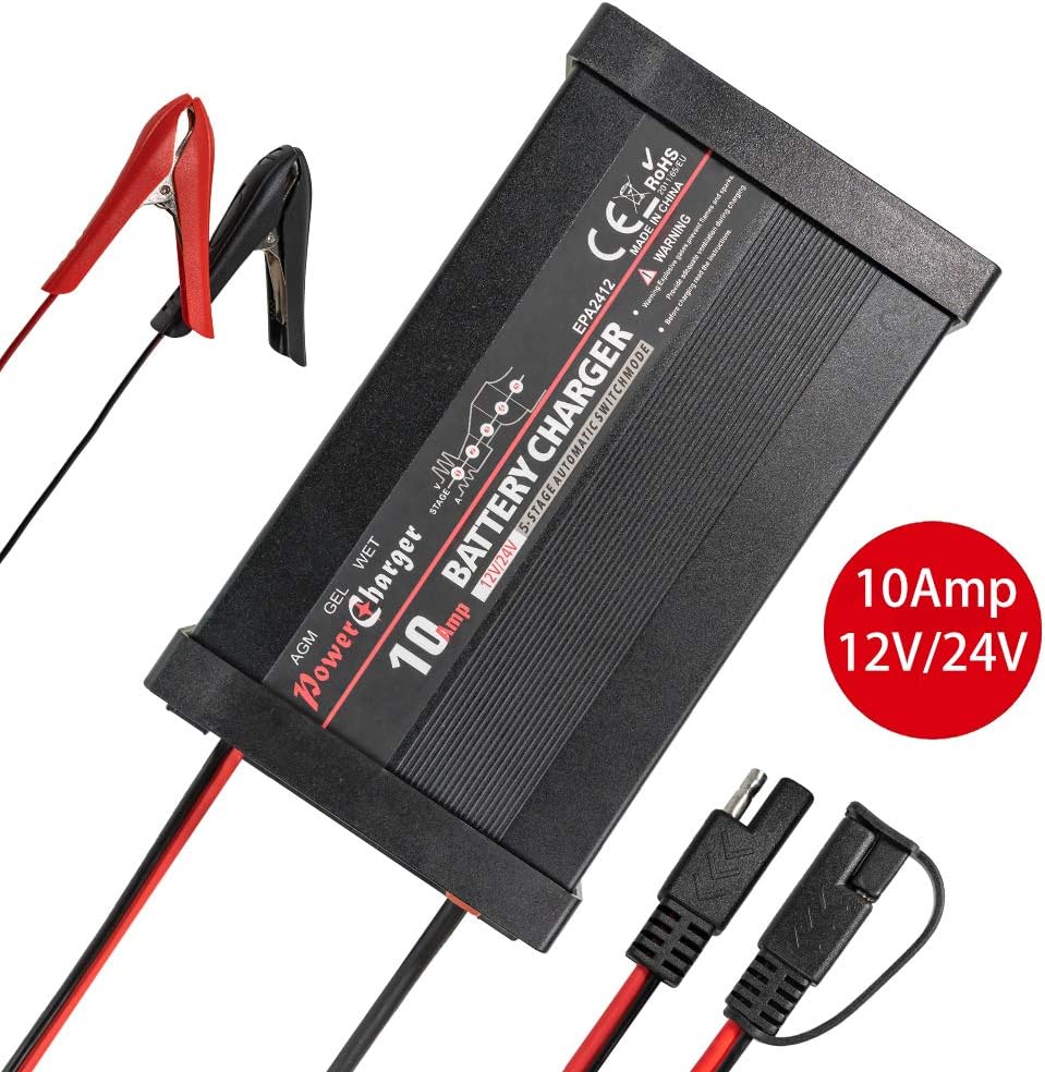 12V 24V Truck Battery Charger 10A Maintainer Deep Cycle for Automotive Car Marine RV SLA ATV AGM Gel Cell WET Lead Acid Battery