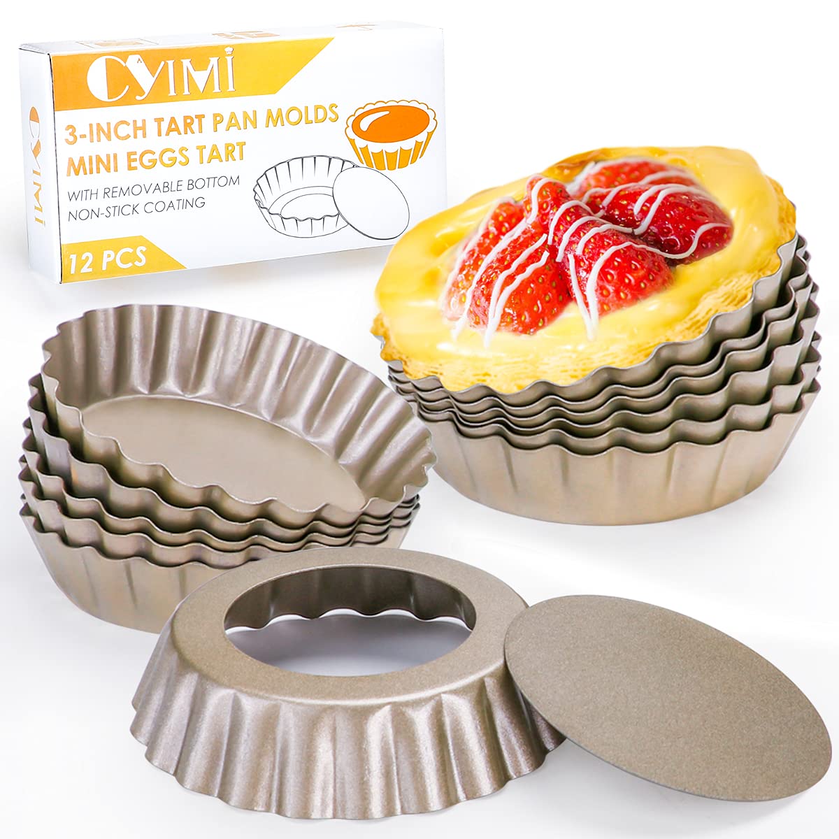 Cyimi 12 pcs Egg Tart Tins 3" Mini Tart Molds Removable Bottom Cupcake Cake Muffin Mold Tin Baking Mini Non-Stick Pan Reusable Quiche Bakeware Carbon Steel for Pies Desserts Gold 7.6CM