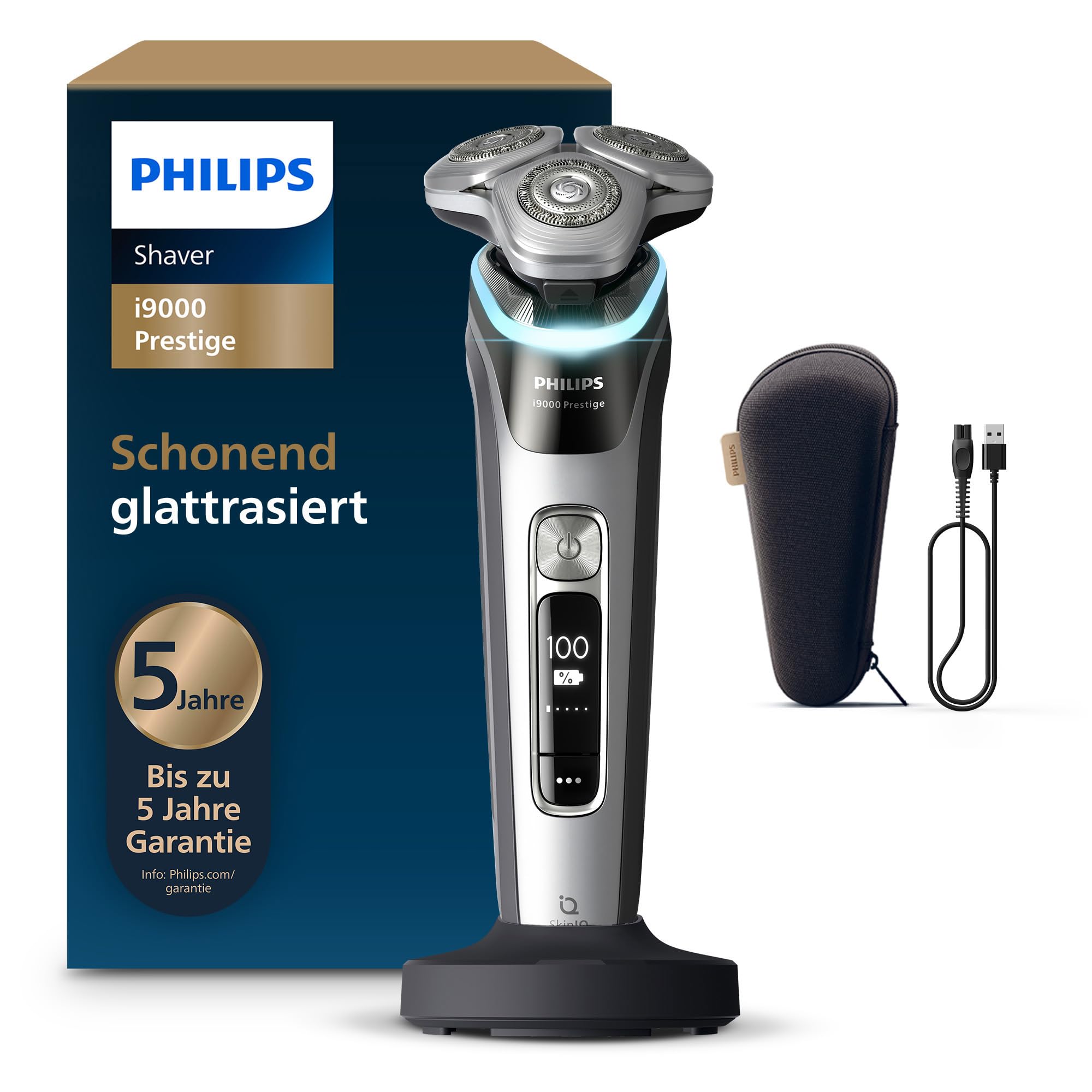 Philips Rasierer i9000 Prestige, Nass- und Trockenrasierer für Herren mit integriertem Trimmer, dunkelgrau-silber, Drucksensor, Ladestation und Reiseetui (Modell XP9204/10)