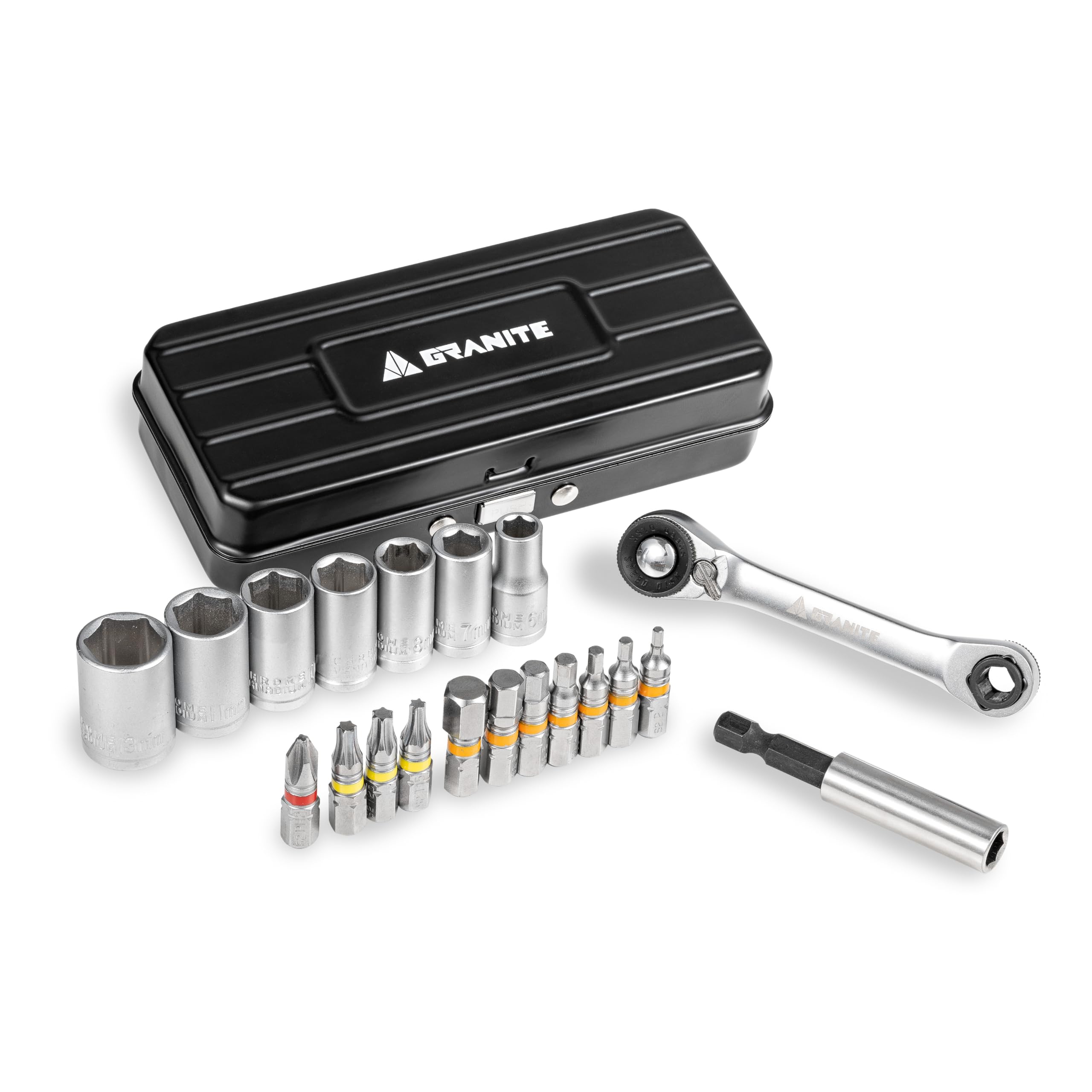Granite Duet Hex Bit & Socket Ratchet Tool Kit with Dual Head Ratchet Wrench, Extension Rod, 7 Hex Sockets, 11 Precision Tool Bits (Black)