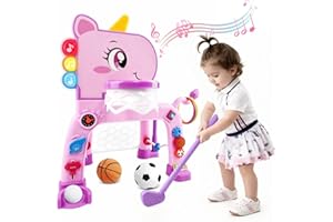 DELUTIQUE Toddler Basketball Hoop & Soccer Goal Activity Center with Golf Ring Toss, 4 In 1 Toddler Sport Toy with Light & Bilingual Music, Montessori Toy for 1 Year Old Girl Gift (24.2''-27.6'' H)