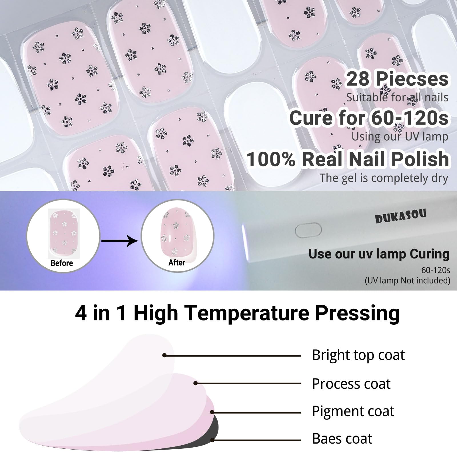 DUKASOU Semi Cured Gel Nail Strips, Plum Blossom | 28 pcs Gel Nail Strips Work with Any UV Lamp, Salon Quality Nail stickers, Include Prep Pads, Nail File&Wood Stick