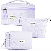 Lodmemo Makeup Bag 3 PCS Cosmetic Bags for Women, Quilted Travel Make up Bag Set Cute Cotton Toiletry Bag Organizer Pouch for Purse, Purple