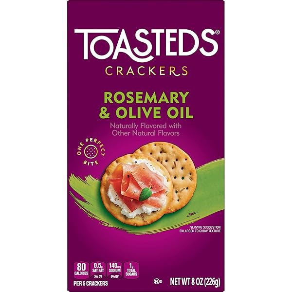 TOASTEDS CRACKERS, PARTY SNACKS, LUNCH SNACKS, ROSEMARY AND OLIVE OIL, 8OZ BOX (1 BOX)