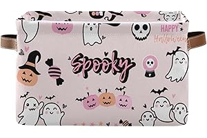 Sletend Foldable Canvas Storage Basket with Handles Halloween Cartoon Ghost Durable Storage Bin Organizer for Nursery Kids Shelves Desks Printed Canvas Storage Basket