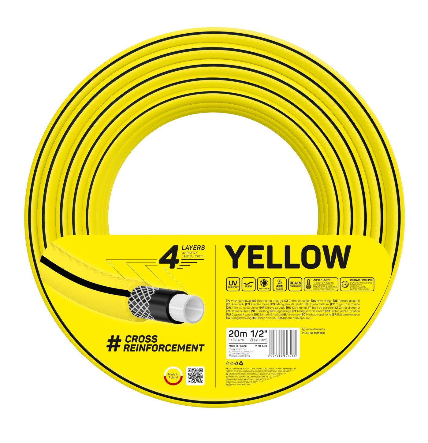 Cellfast Yellow Garden Hose, Lightweight, Heavy Duty, 4-Ply, Durable Cross Braid, UV and Algae Resistant, Torsion Resistance, Reach Technology, 20 Bar, -10/+50° Closure: 1/2 Inch, 20 m
