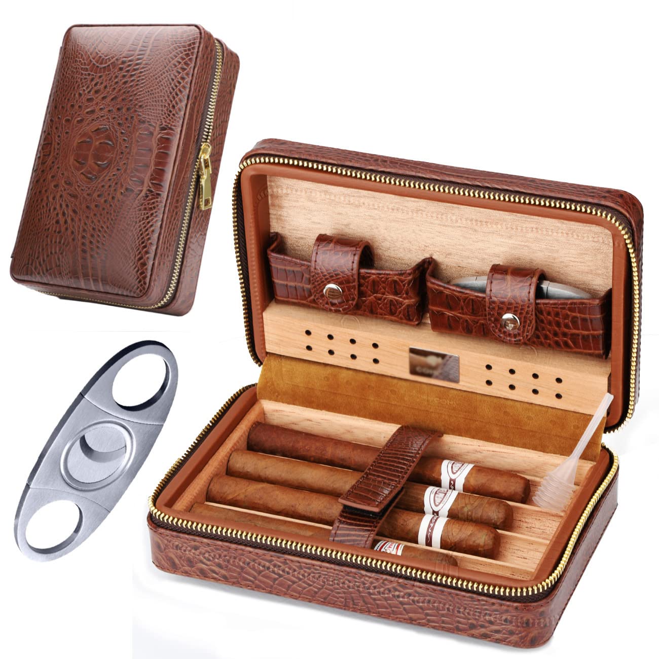 Time C club 4 Finger Portable Travel Crocodile Skin-Style Burgundy Leather Cigar Case, Cigar Cutter and Humidifier