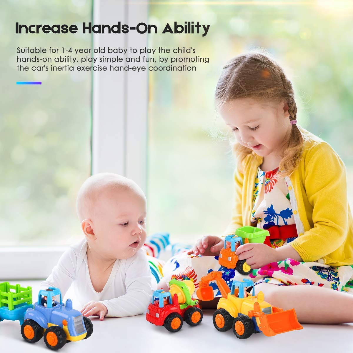 MOONTOY Baby Spielzeugauto Bagger Konstruktionsfahrzeuge Baufahrzeuge 4 in einem Set für Kinder, Traktor, Bulldozer, Kipper & Zementmischer 5