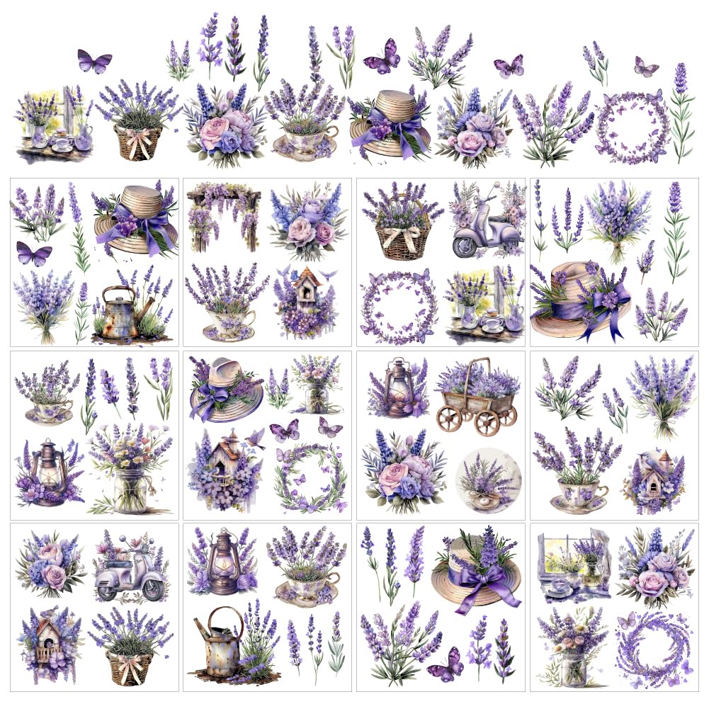 AHANDMAKER 12 Sheets Lavender Rub on Transfers for Crafts, Vintage Lavender Rub on Transfer Stickers, Purple Lavender Rub on Decal, Purple Flower Sticker for Wood Paper Furniture Home Decor, 5.5x5.5