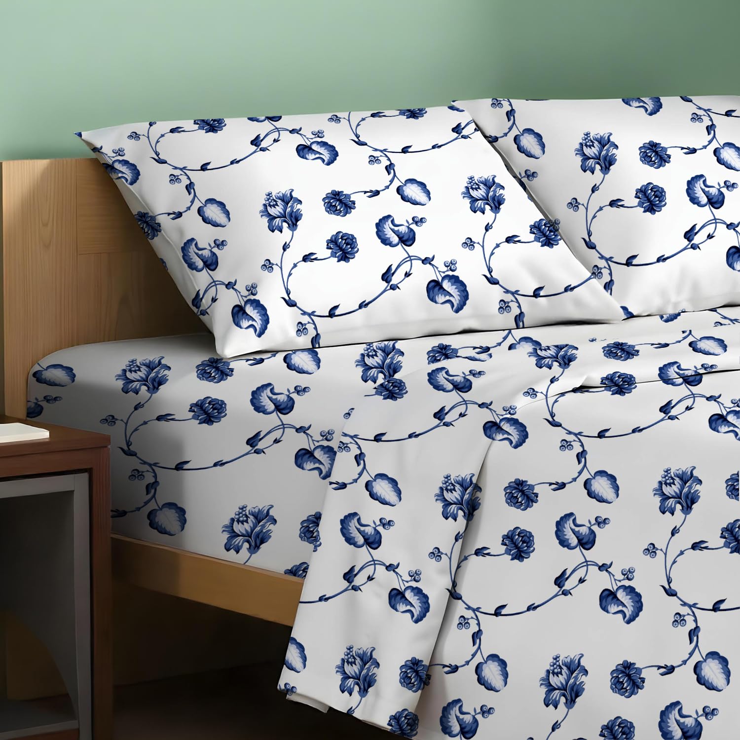 Photo 1 of TEXAS LINEN CO. 100% Organic Cotton Printed Sheets Queen Size - 4 PC Organic Cotton Percale Sheets Queen Set (Floral Blue), Cooling & Breathable Sheet, 16" Deep Pocket Hotel Bedding - GOTS Certified