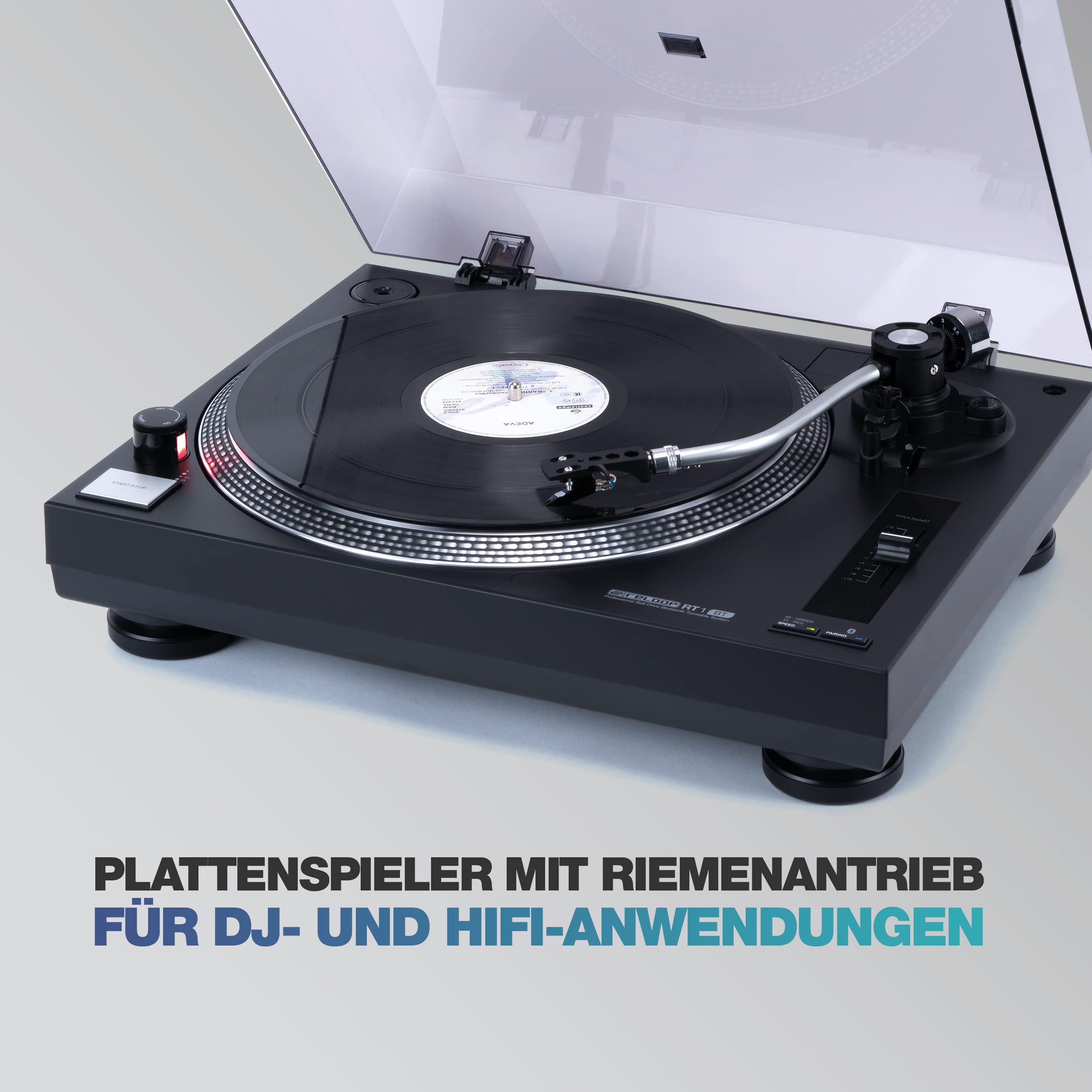 Reloop RT-1 BT Plattenspieler mit Riemenantrieb für DJ- und HiFi-Anwendungen, Bluetooth-Ausgang zur kabellosen Verbindung mit Bluetooth-Lautsprechern, Vormontiertes Ortofon Magnet-Tonabnehmer-System 5