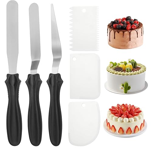 6 Pieces Cake Palette Knife Baking, Reusable Cake Icing Spatulas with 12cm/13cm Metal Blade, Stainless Steel Cakes Palette Knife with Plastic Cake Scraper for Cakes Decorating Pastry Baking