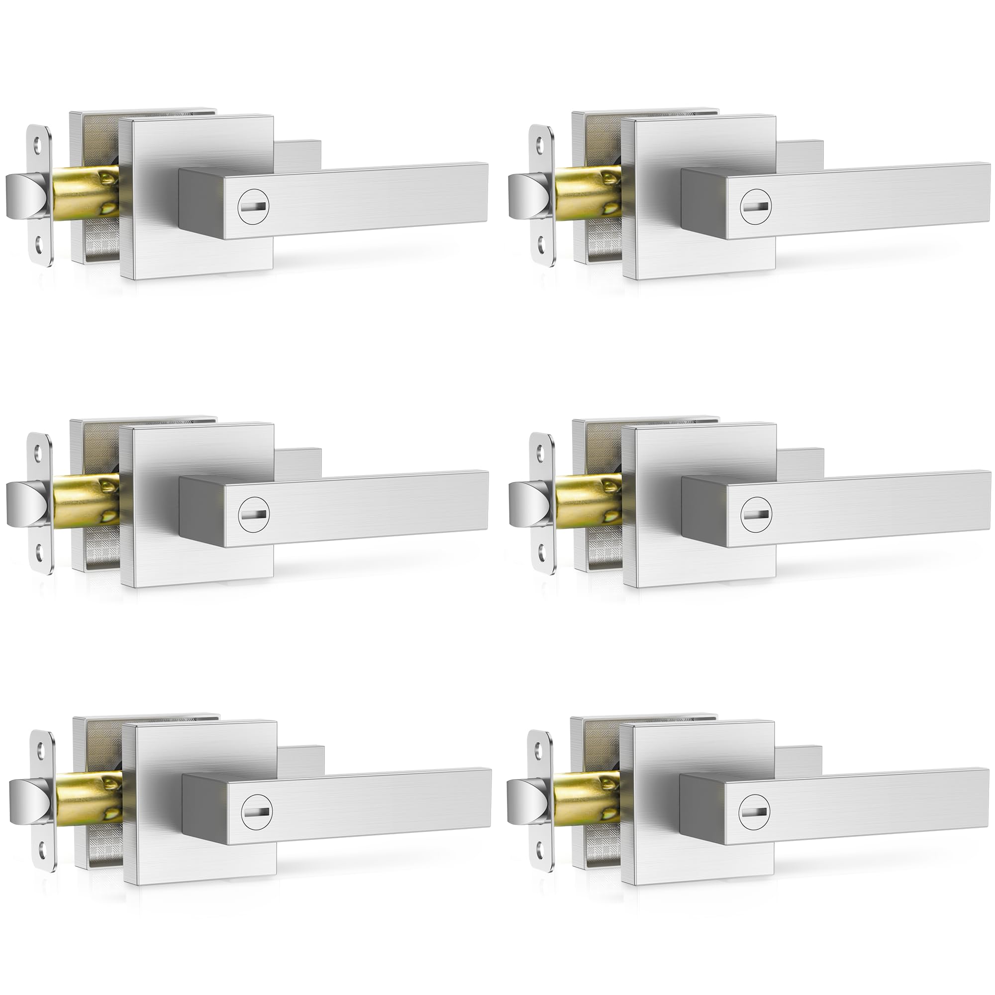 Photo 1 of Plustool 6 Pack Brushed Nickel Door Handle, Door Knobs Interior Heavy Duty, Flat Square Privacy Door Levers, Keyless Door Lockset for Bedroom and Bathroom