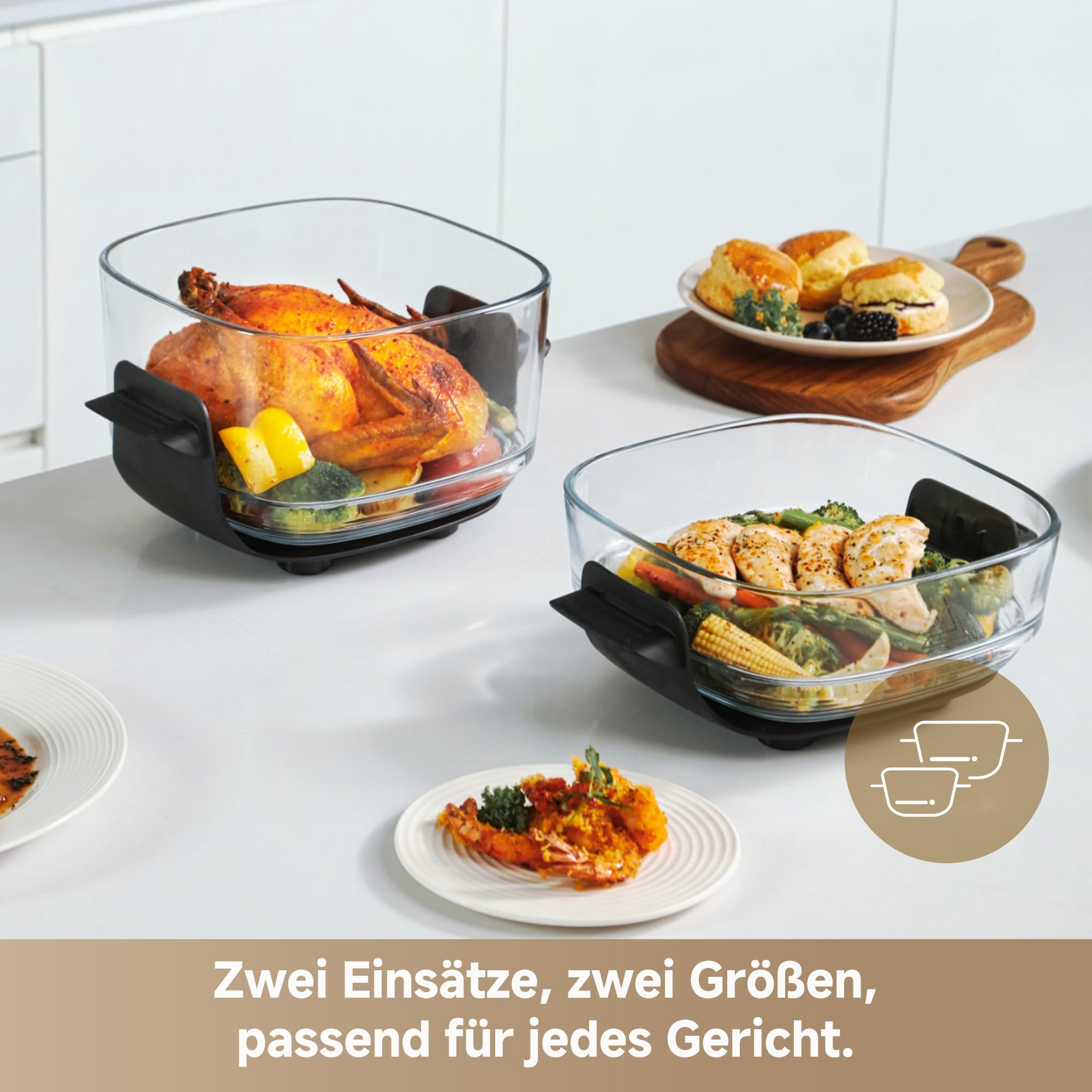dreame Tasti AirFryer 5-in-1 tragbare Glas-Heißluftfritteuse, Zwei-Behälter-Setup (2,5 L + 4,5 L), 6 mm Borosilikatglas, 3D-Heißluft-Umwälzung, spülmaschinengeeignet, 360°-Panorama-Ansicht, abnehmbar 4