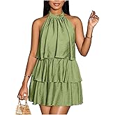 SOLY HUX Women's Sleeveless Halter Ruffle Mini Dress Tiered Layer Swing Dresses Boho Vacation Sundress
