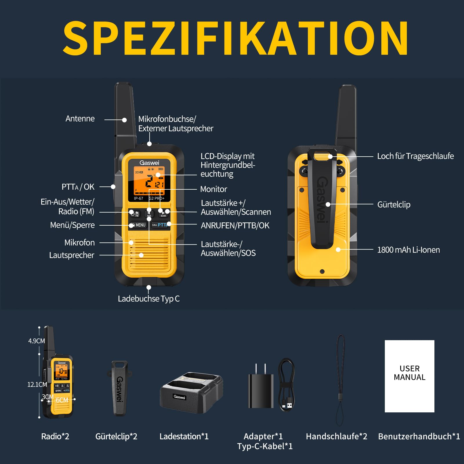 Gaswei G2Pro Professionelle Walkie-Talkies für Erwachsene [IP67 wasserdicht & schwimmfähig] Langstrecken-Funkgerät mit Doppel-PTT, VOX,SOS-Alarm,FM-Radio + Akku für Outdoor, (2er-Set in Gelb) 7