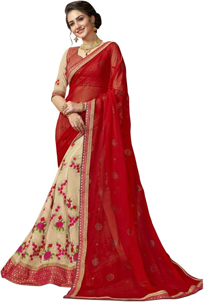 Triveni Chiffon Cream Festival Wear Embroidered Half n Half Lehenga Saree