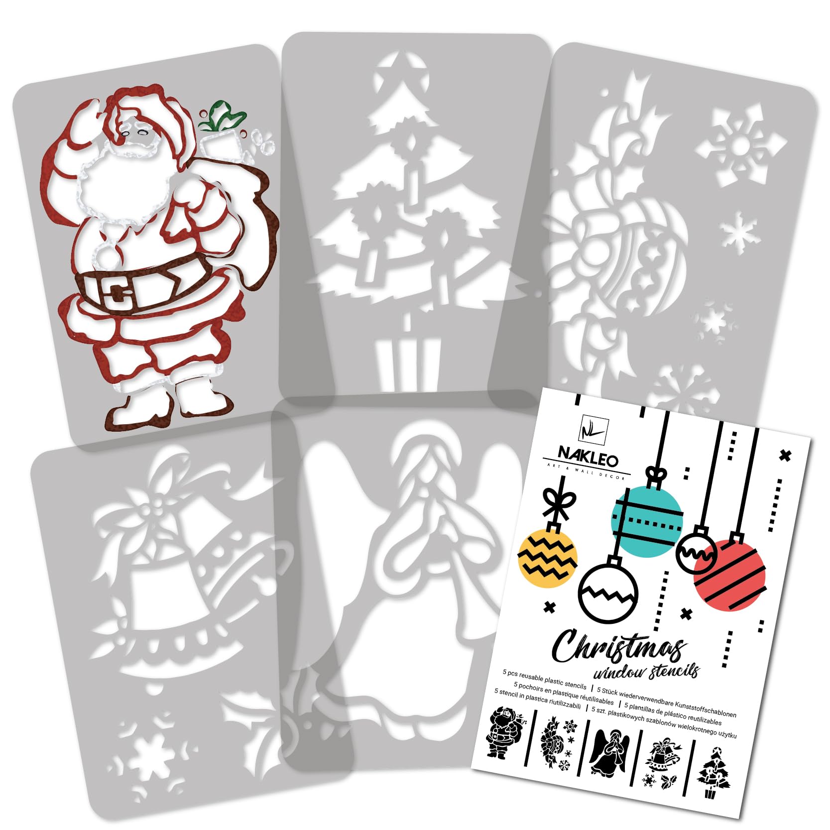 NAKLEO Christmas Painting Stencil Set of 5 Pcs 21x30cm, Reusable Plastic Template, Holiday Patterns for Spraying and Drawing, Art and Craft Decoration for Window Wall Wood Door Cards