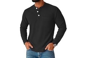 Waffle Shirts for Men Slim Fit Long Sleeve Henley T Shirt Quarter Button Crew Neck Casual Pullover Tops with Pockets