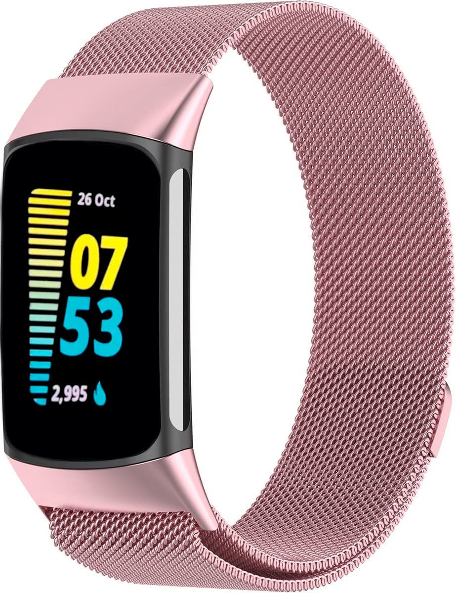 Replacement Strap for Fitbit Charge 5 Metal Strap for Women Men, Magnetic Metal Replacement Band Wristbands for Fitbit Charge 5 Milanese Strap (Rose Pink)