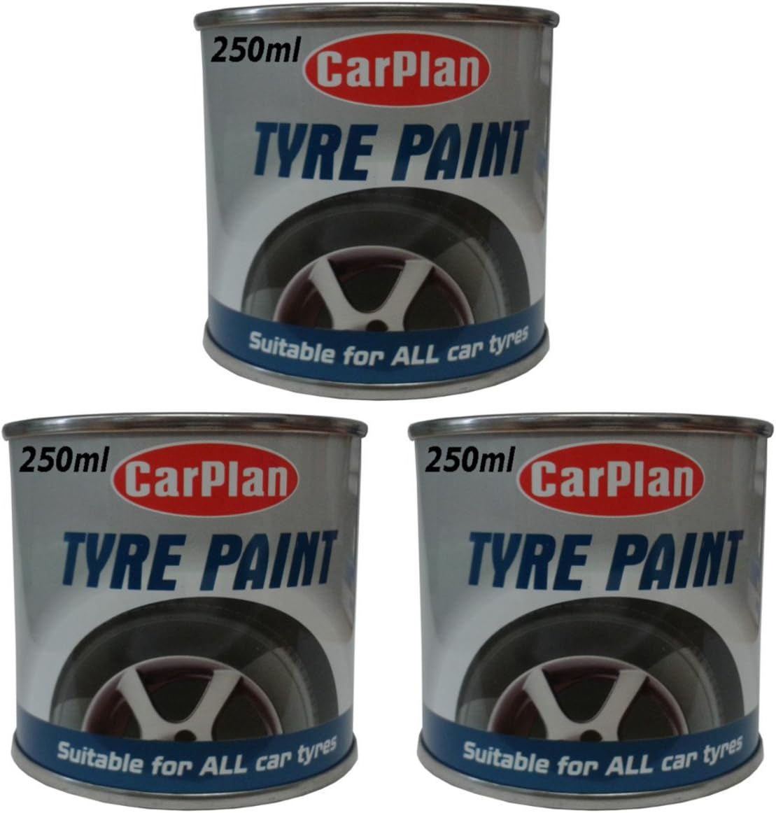 (3 x 250ml) Carplan Tyre Paint TPT250 Black Classic Car Rubber Spare brush On