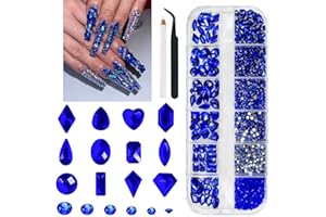qiipii 2052Pcs Sapphire Blue Nail Art Rhinestones Kit Royal Blue Nail Charms Multi Shapes Crystal Flatback Rhinestones Big Gems + Round Beads Glass Stones Diamonds Jewels for Nails Faces Eyes Makeup