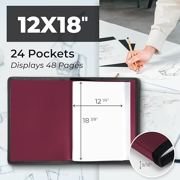 DUNWELL 12X18 ART PORTFOLIO BINDER WITH BLACK MOUNTING PAPER (RUBY), LARGE PORTFOLIO FOLDER FOR ARTWORK STORAGE, 24 SLEEVES DISPLAY 48 PAGES, ACID-FREE POLY 12 X 18 PRESENTATION BOOK