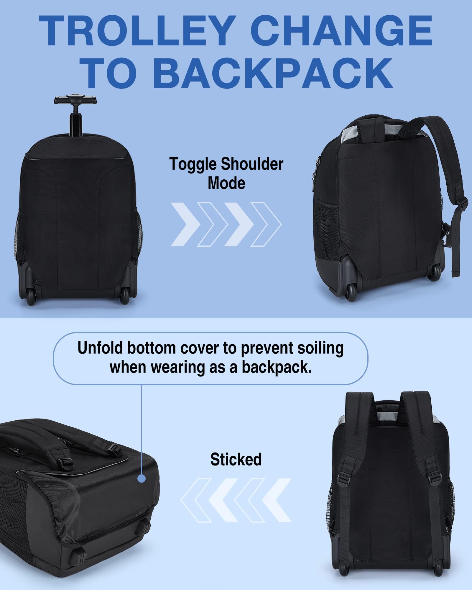 BAGSMART Rolling Backpack, Travel Laptop Backpacks with Wheels, Large Roller College Bookbag, wheeled Computer Bag Business Luggage Carry on for Men Fits 17 Inch Laptop, Black