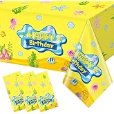 Denwiller 3 Pcs Yellow Cartoon Birthday Tablecloth Decorations, Disposable Ocean Jellyfish Seaweed Tablecloth Happy Birthday Table Cover for Rectangle Table Baby Shower Party Supplies, 108x54 Inch