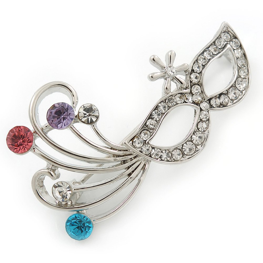 Silver Tone Crystal Carnival Mask Brooch - 45mm W