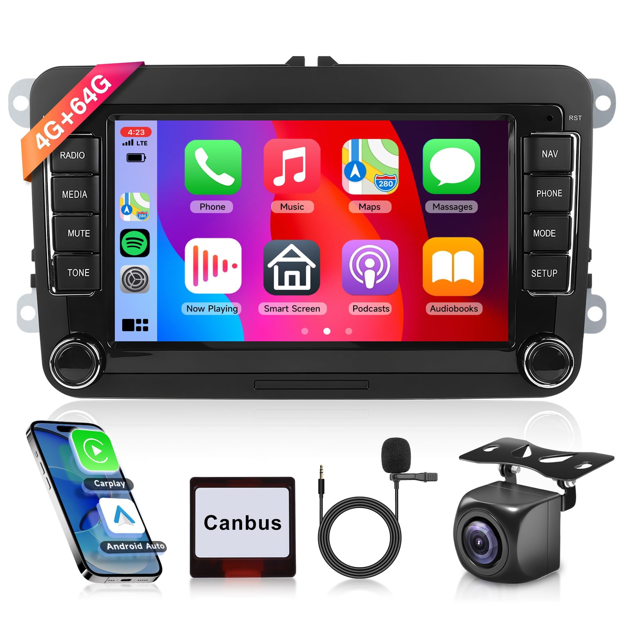 Rimoody 4G+64G Android Car Stereo for VW Golf 5 6 Polo Passat Touran Skoda Seat with Carplay, 7 Inch Car Radio with 32EQ DSP GPS Bluetooth FM RDS WiFi Android Auto UI Themes Rear View Camera