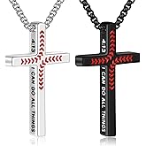 Yoosteel 2 Pcs Baseball Cross Necklace for Boy Kids - Bible Verse Cross Pendant Necklaces Black Silver Stainless Steel Chain 18-24 inch Religious Gift for Boy Men