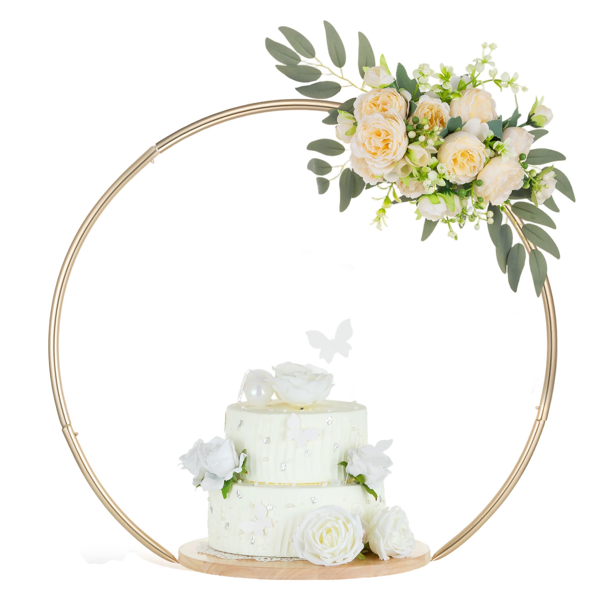 Photo 1 of Hanobe Wedding Cake Stand Gold: 14 Inch Round Arch Cupcake Display Stands with Wood Base for Party Decorative Metal Hoop Centerpiece Decor for Birthday Baby Shower