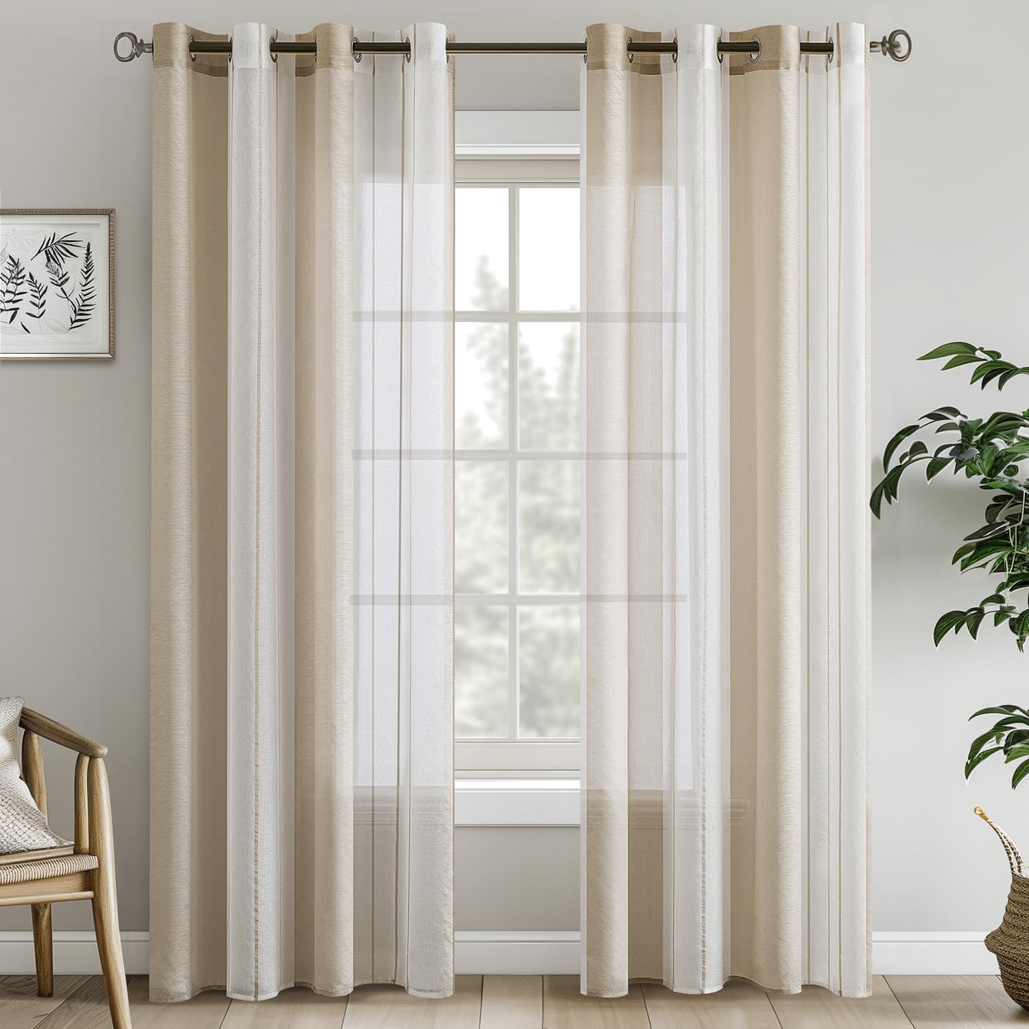 EMEMA 2 Pcs Sheer Curtains Striped Eyelet Curtains for Living Room Bedroom Semi-Transparent Curtains with Stripes 140 x 215 cm White Beige, Set of 2