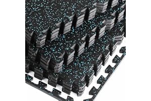 HOLYMUSS 0.56 Inch Thick Gym Flooring for Home Gym with Rubber Top - 48 Sq Ft Interlocking Gym Floor Tiles - Workout Equipment Vibration Reduction Mats - 12 Pcs 24 x 24in Tile, Black & Blue