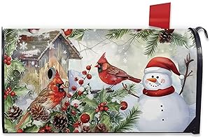 FBCOO Christmas Cardinal Snowman Mailbox Cover Magnetic Standard Size 20.5"x18", Xmas Birdhouse Red Berry Decorative Post Letter Box Wrap Decor, Winter Holiday Farmhouse Garden Yard Outdoor Decoration