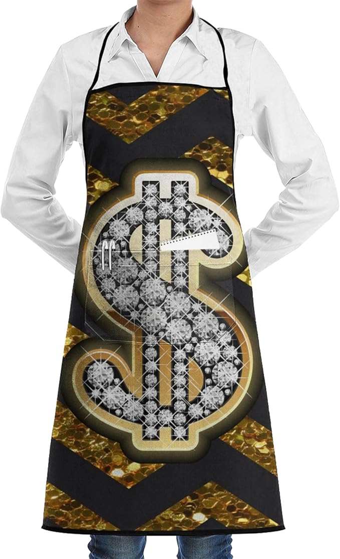 Apron Black Gold Chevron Diamond Gold Dollar Sign Shining Funny Cooking Aprons Unisex Bib