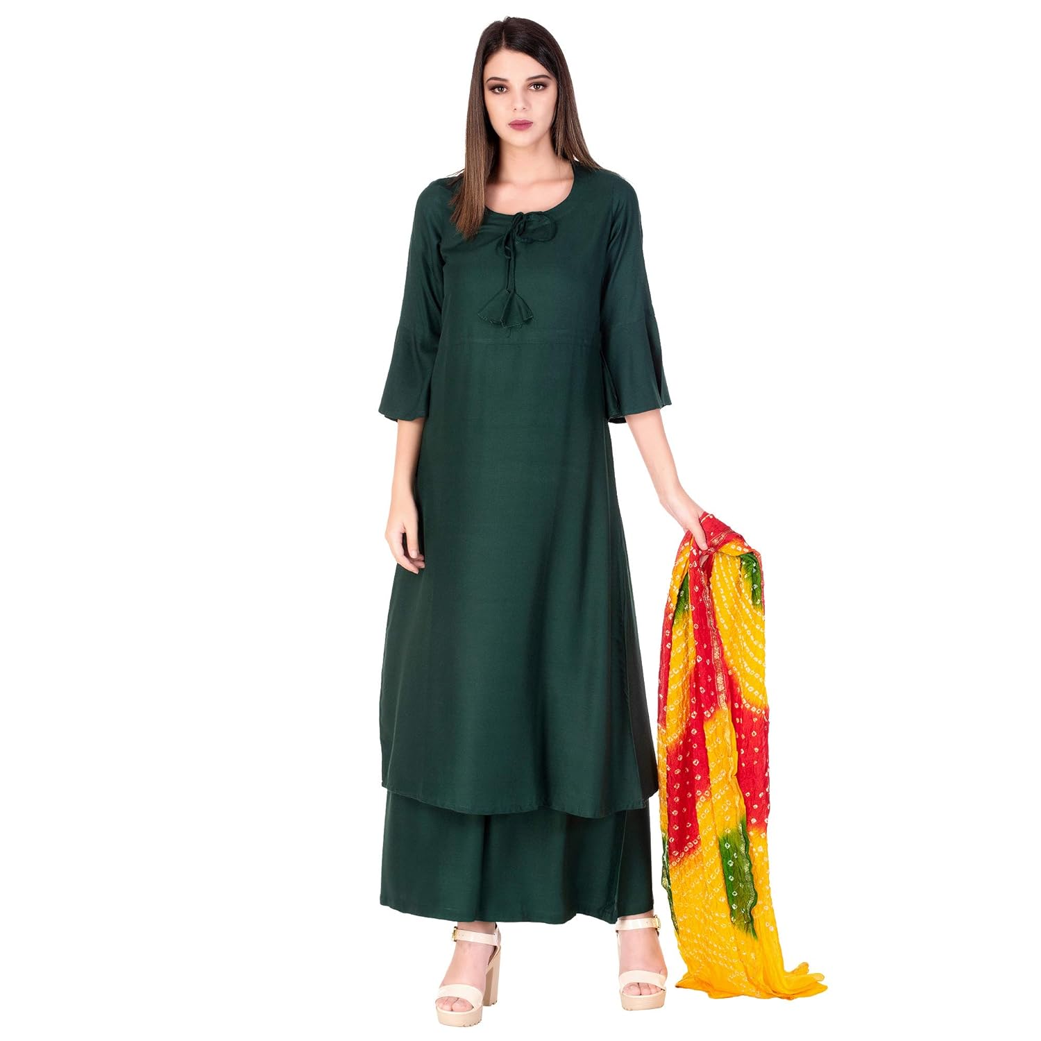 ortange readymade women's rayon kurta, palazzo with printed dupatta set