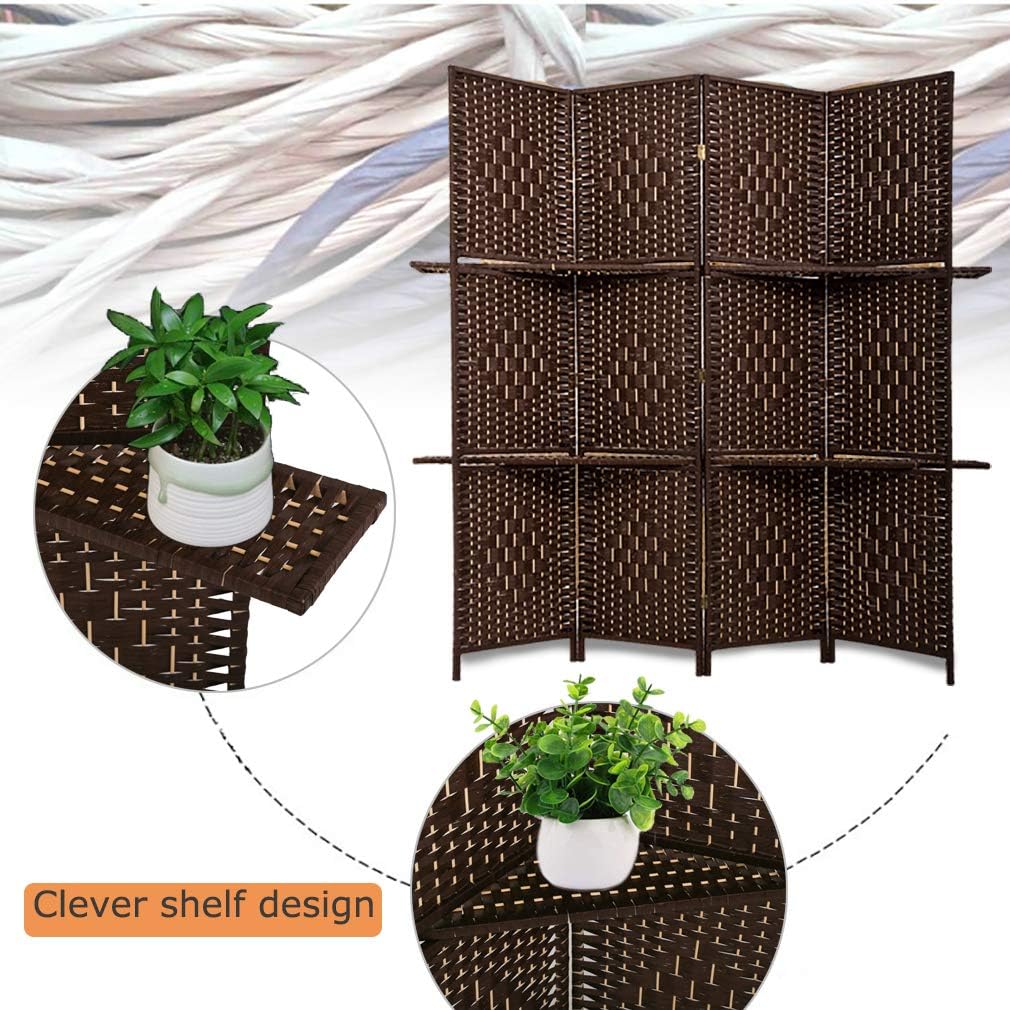 FDW Room Divider 4 Panel Room Screen Divider Wooden Screen Folding Portable partition Screen Screen Wood with Removable Storage Shelves Color Brown: Furniture & Decor